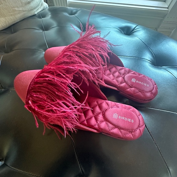 BIRDIES Women’s The Lovebird Feather Trimmed Mules Slippers Red Merlot 9.5 - Picture 10 of 12